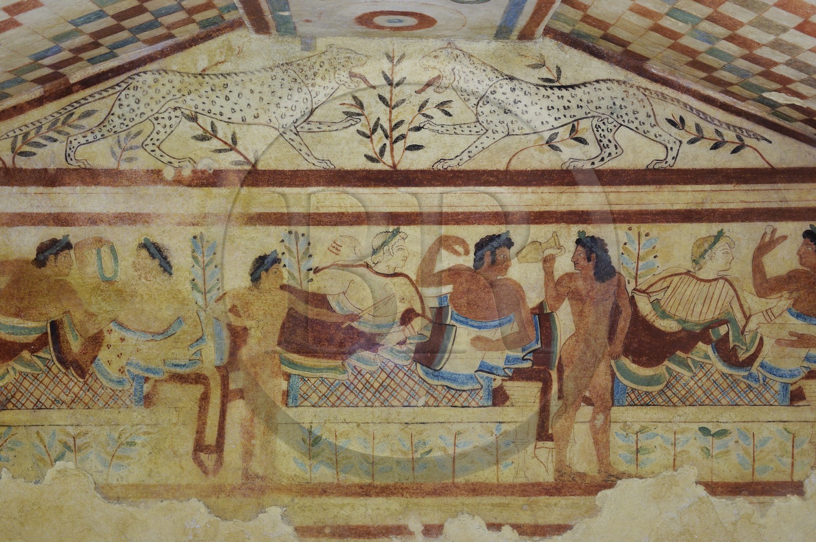 Italie, Latium, province de Viterbe, Tarquinia, nécropole antique étrusque de Monterozzi (Necropoli dei Monterozzi) classée Patrimoine Mondial de l'UNESCO, la Tombe des Léopards (Tomba dei Leopardi)