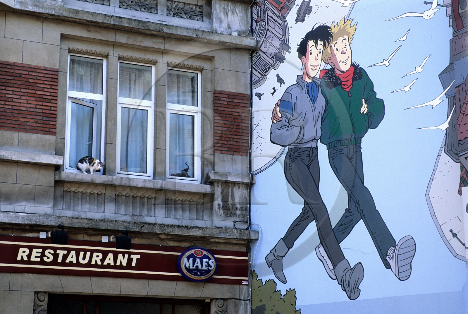 Belgium, Brussels, painted walls with famous belgium comics hero Broussaille from author Franck Pé in Plattesteen street