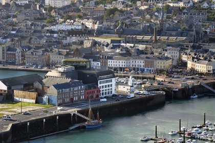 France, Seine Maritime, Pays de Caux, Cote d'Albatre, Fecamp, Les Pecheries (Fishery) - Museum of Fecamp in the heart of the port, the Palais de la Bénédictine in the background