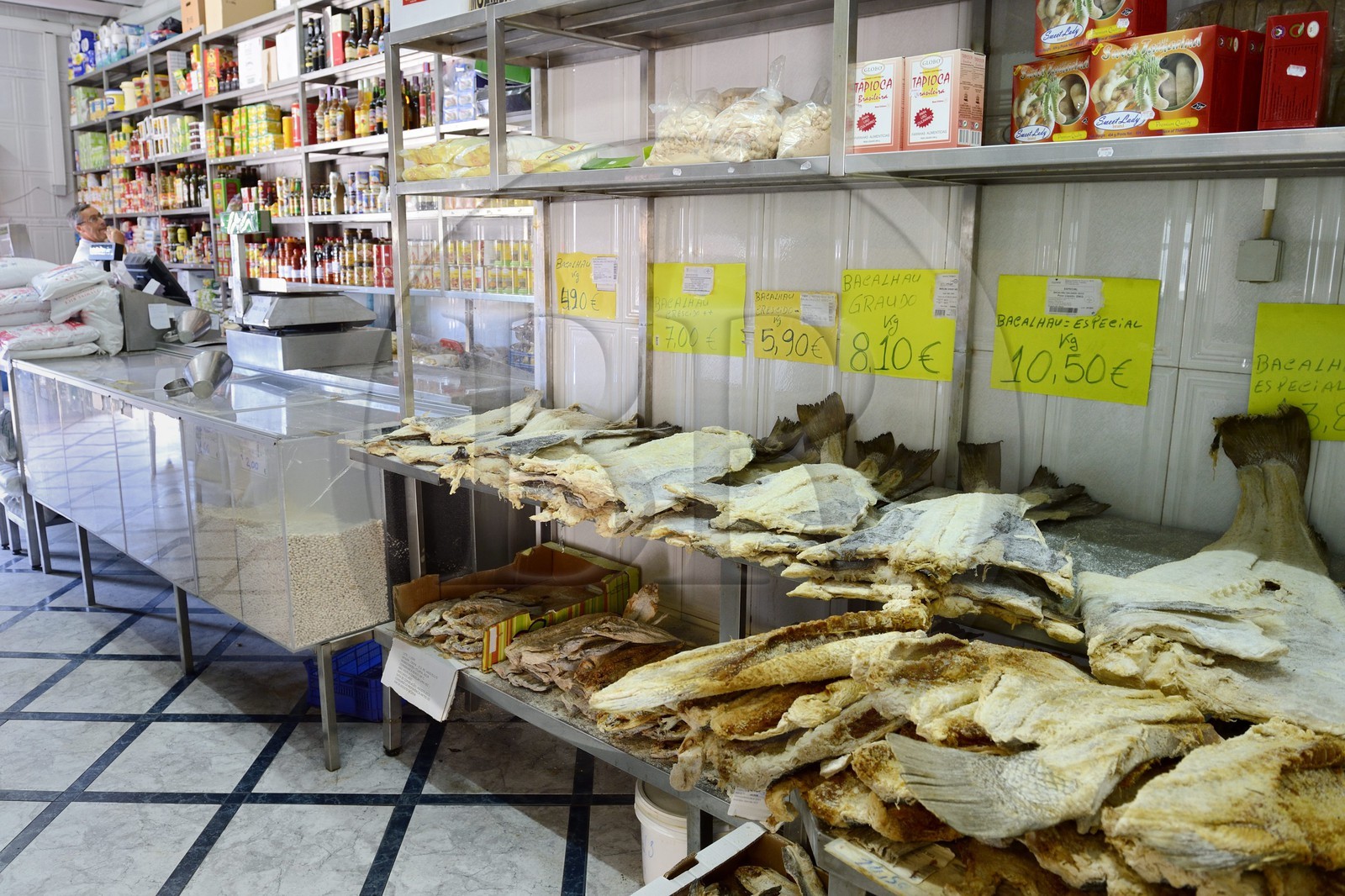 Portugal, Lisbon, Chiado district, sale of Bacalhau (salted cod)