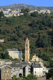 France, Haute Corse, Castagniccia, village of La Porta, baroque church of St. John the Baptist and the village of Quercitello (U Quercitellu) in the heights