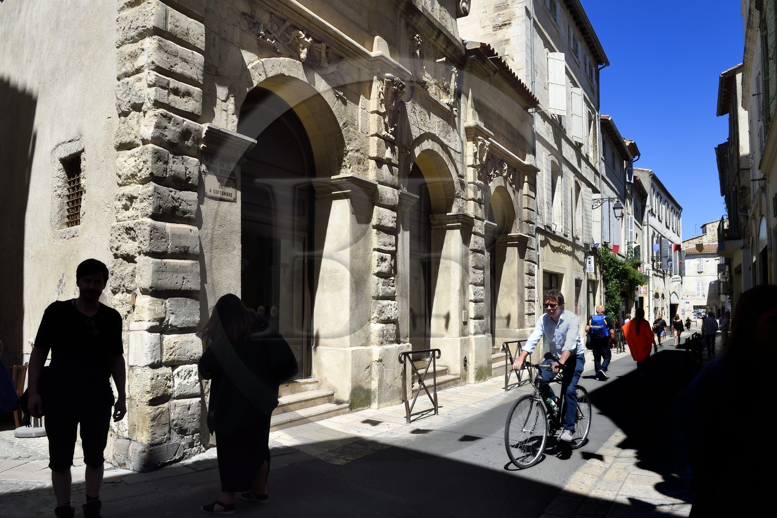 France, Bouches du Rhone, Arles, rue du Quatre-septembre, former Grande Boucherie (Large Butchery) rebuilt in 1724 and decorated with heads of oxen and sheep