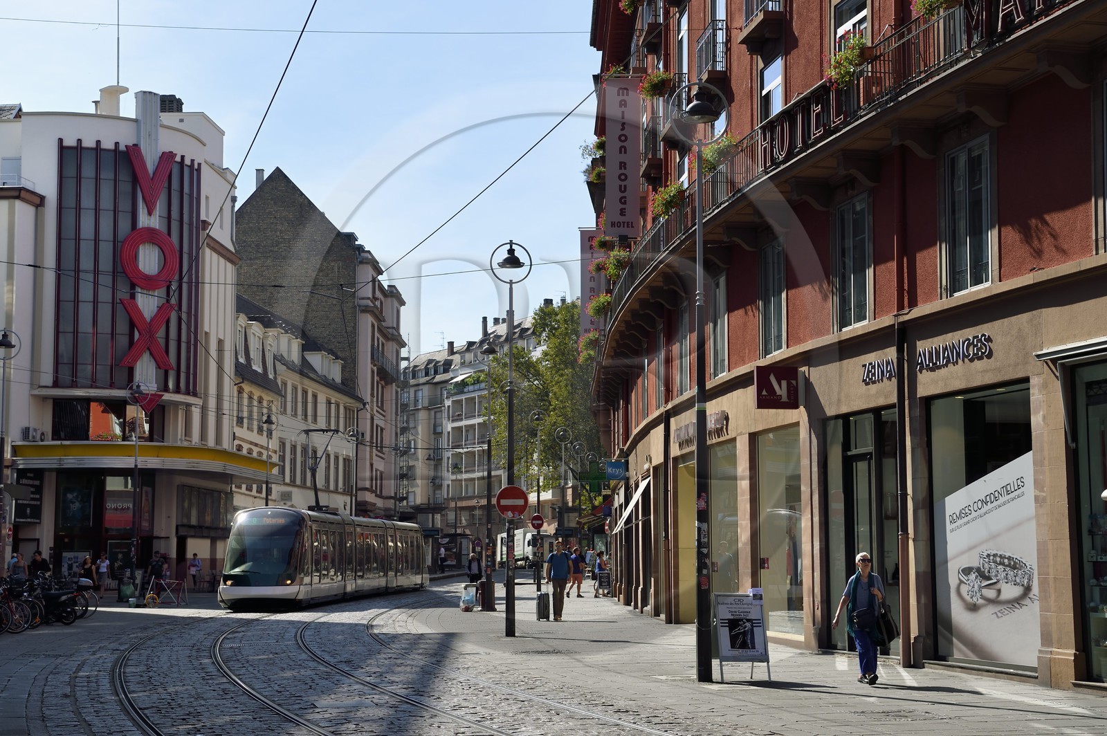 France, Bas Rhin, Strasbourg, tramway in rue des Francs Bourgeois and the Vox movie theater