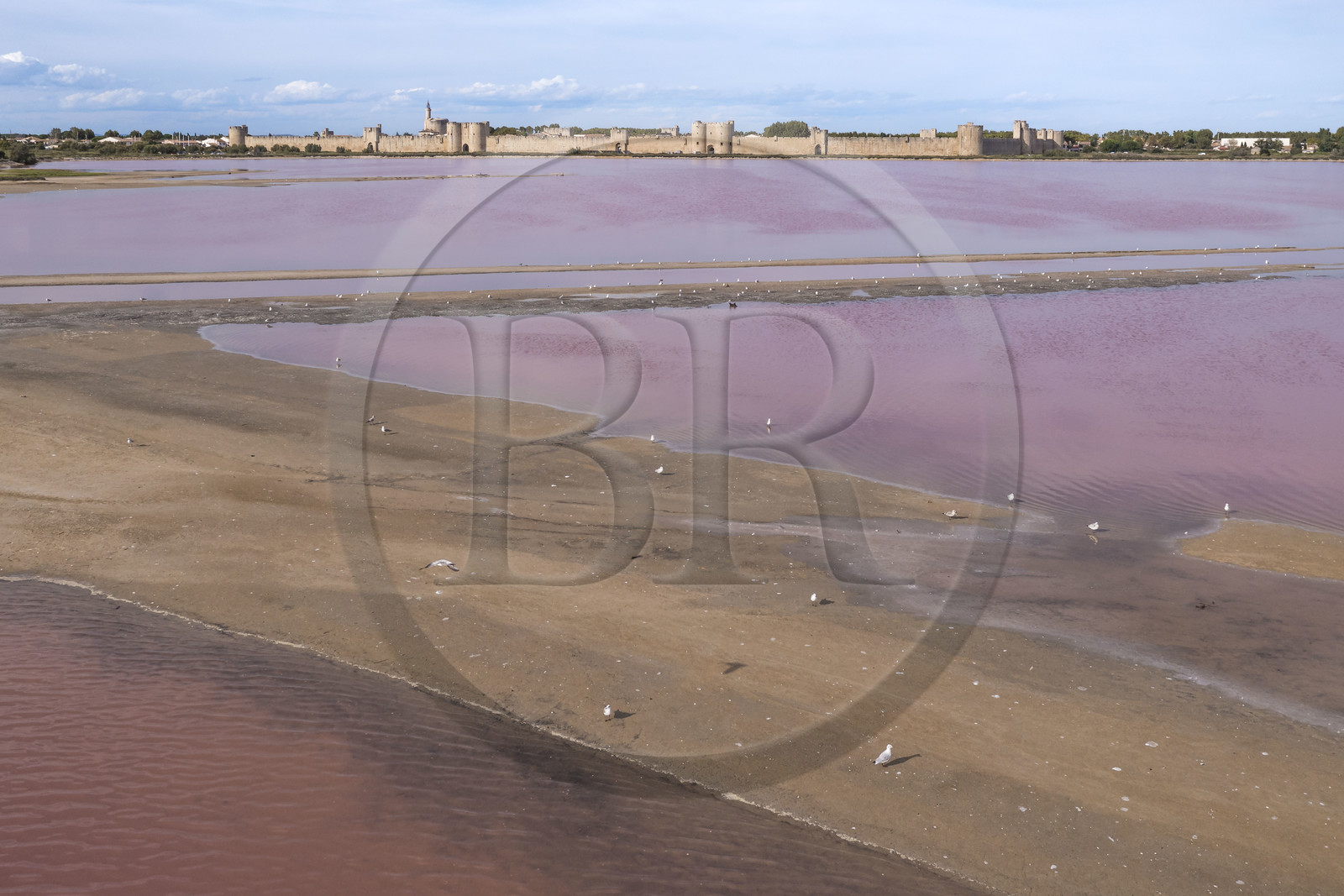 France, Gard (30), Aigues-Mortes, la ville médiévale entourée par ses remparts en bordure des marais salants (Salins du Midi) (vue aérienne)
