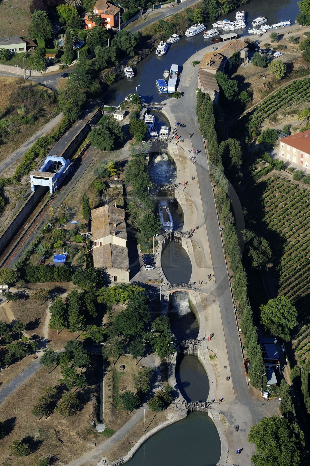 France, Herault, Canal du Midi listed as World Heritage by UNESCO, Beziers, the locks of Fonserannes or Fonseranes build by Pierre-Paul Riquet (aerial view)