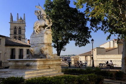 France, Hérault (34), Montpellier, centre historique, l'Ecusson, la fontaine aux licornes dans le jardin de la place du Canourgue