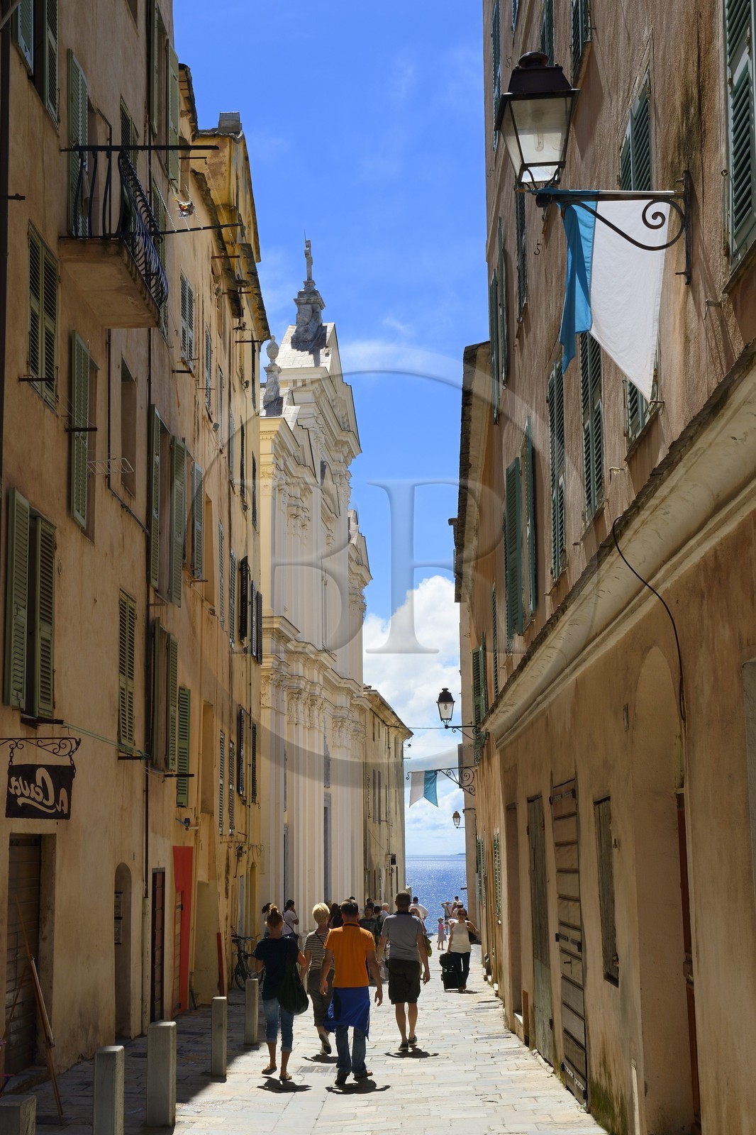 France, Haute Corse, Bastia, the Citadel district of Terra Nova, rue Notre-Dame and the former St. Mary's Cathedral in the background