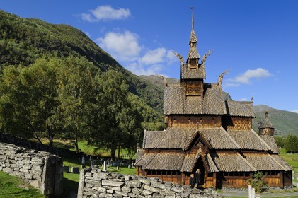 Norway, Sogn Og Fjordane County, Borgund, wooden stave church called stavkirker or stavkirke built in 1130 with pre-Christian viking motifs