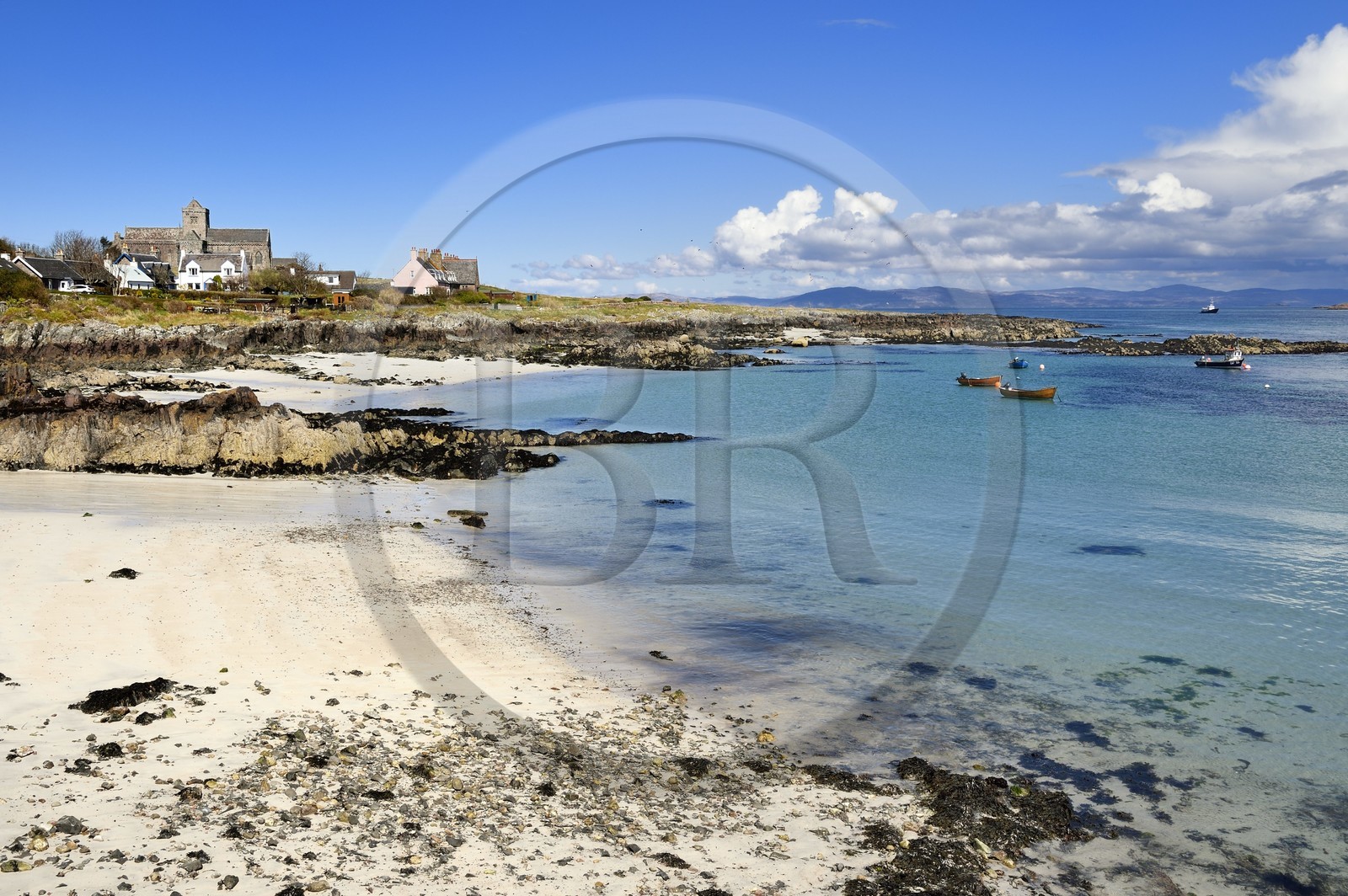 United Kingdom, Scotland, Highland, Inner Hebrides, Isle of Iona facing the Isle of Mull, Iona Abbey on the sea side