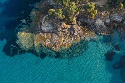 France, Var, Le Rayol Canadel sur Mer, Domaine du Rayol, Conservatoire du Littoral Estate compulsory mention, Jardin des Mediterranees designed by landscaper Gilles Clément, marine path area in the Marine Garden (aerial view)