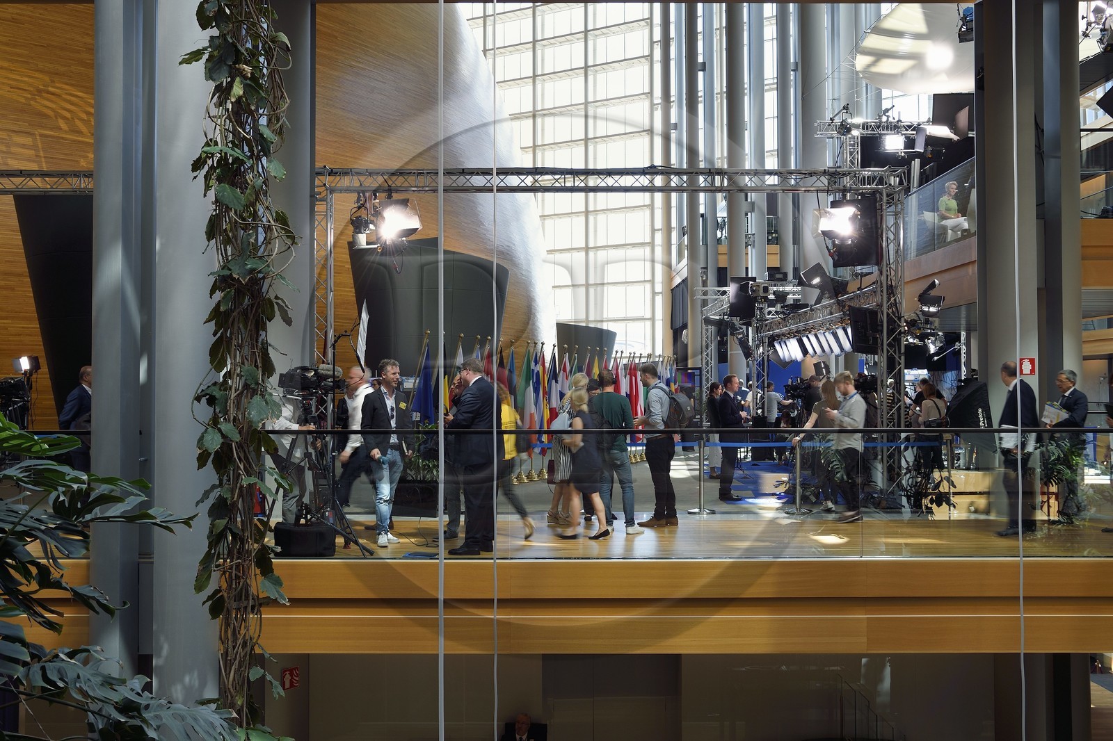 France, Bas Rhin, Strasbourg, European district, the European Parliament, around the main street and and the outer part of the hemicycle on the left in the building Louise-Weiss, interview of new MEPs at the inaugural plenary session of the new European Parliament on 2 July 2019