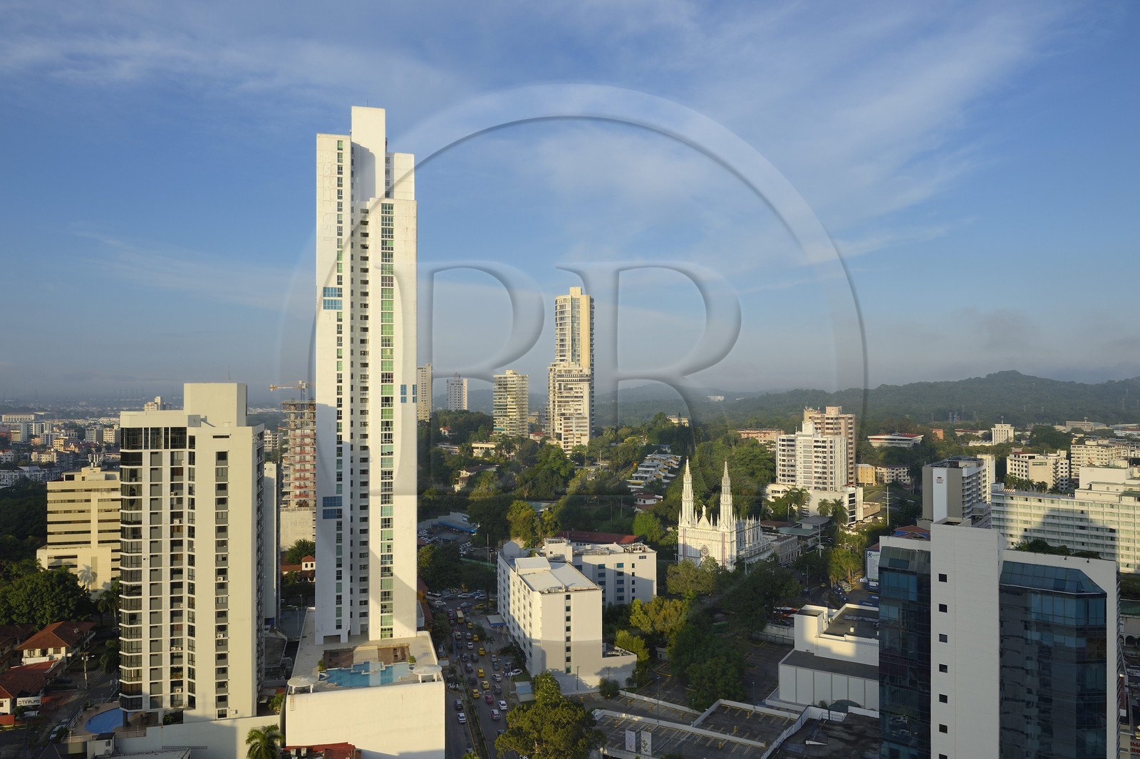 Panama, Panama City, downtown buildings in the ​​Marbella area and the church of the Carmen (iglesia del Carmen)