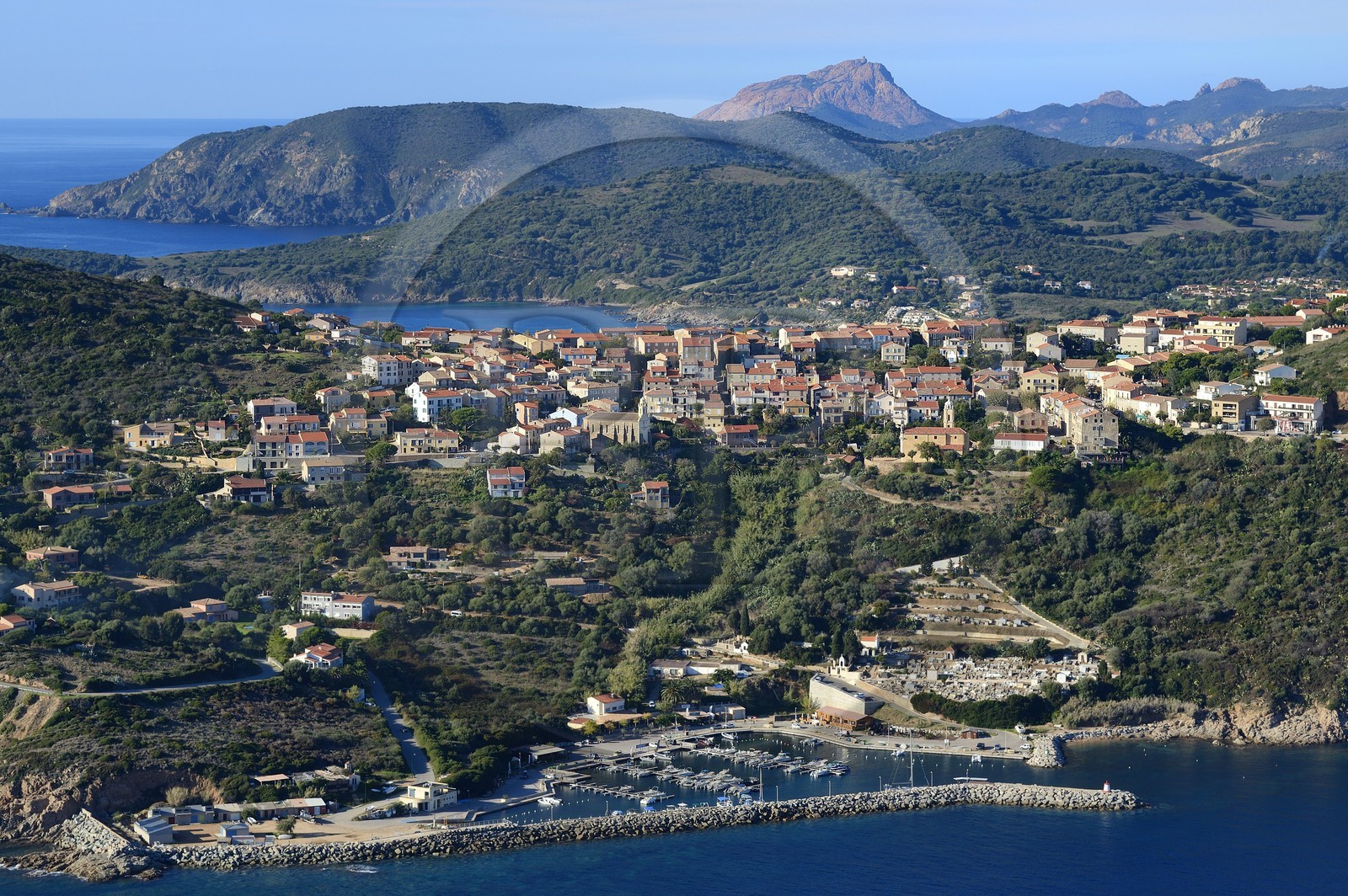 France, Corse du Sud, Cargese and the Capo Rosso in the background (aerial view)