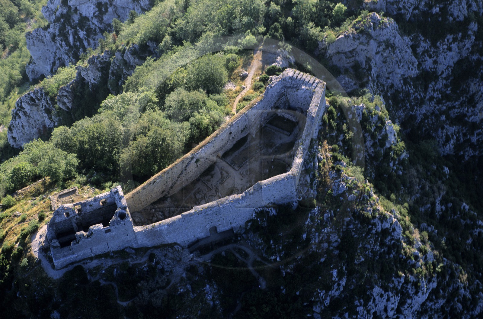 France, Ariege, Pays d' Olmes, Cathar Castle of Montsegur perched on rock (aerial view)