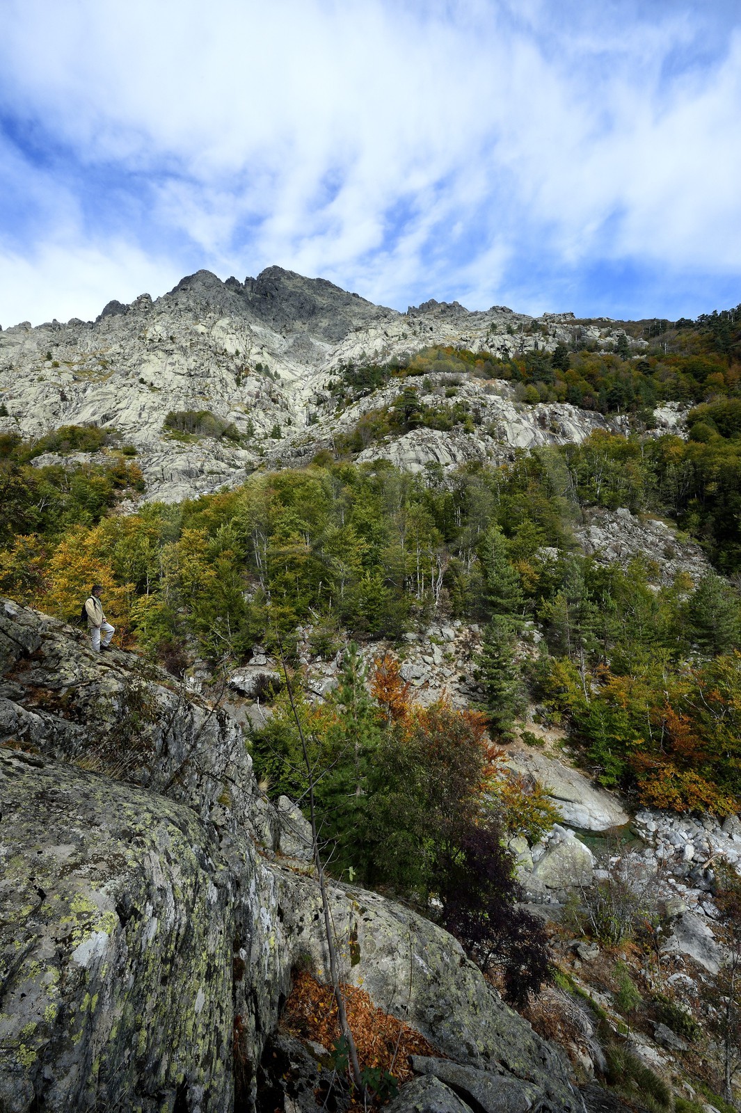 France, Haute Corse, Vivario, hiking on the GR 20, between Onda refuge and Vizzavona, Vizzavona forest, Englishmen cascades, waterfalls group in the Agnone valley under the Monte d'Oro
