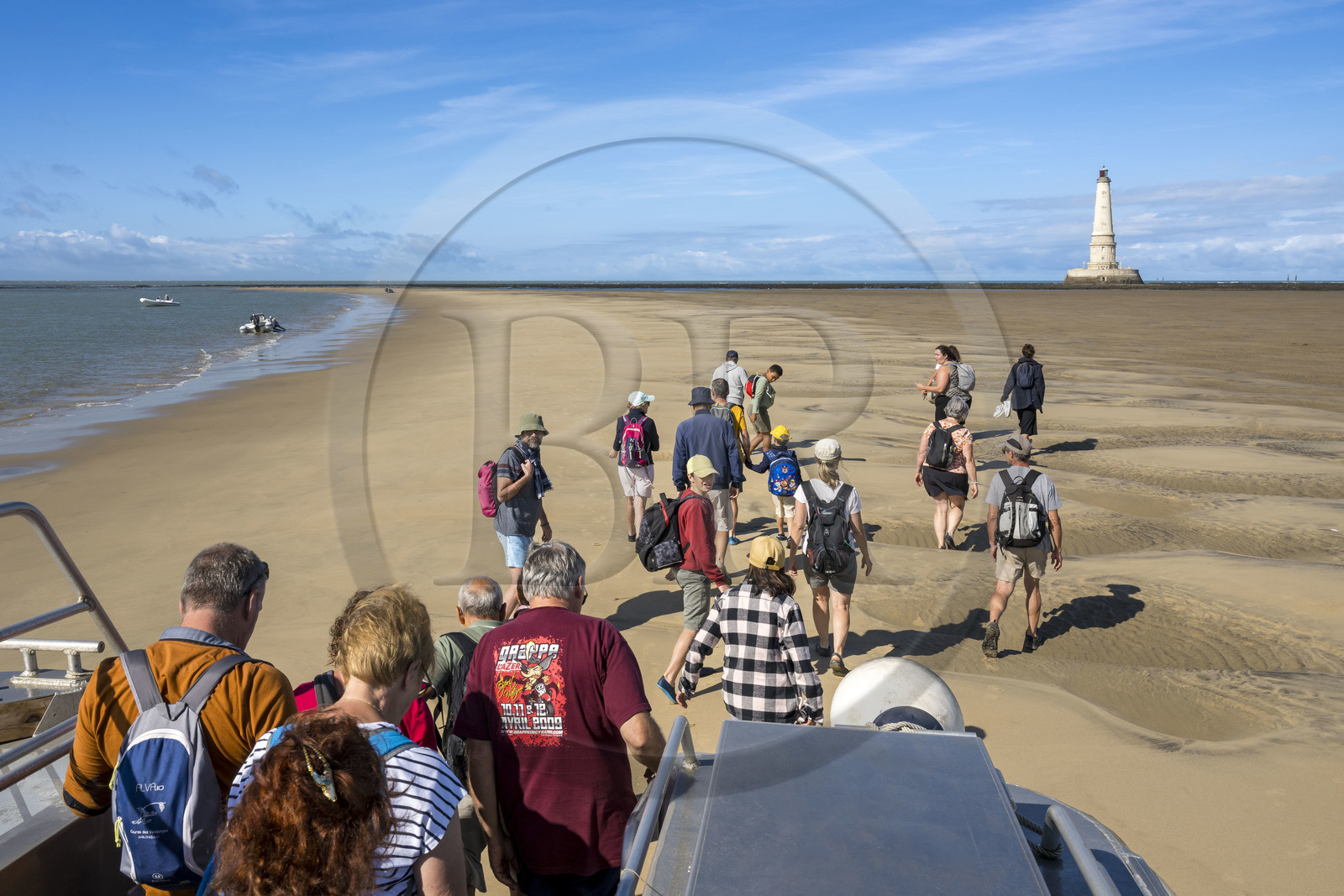 France, Gironde, Verdon sur Mer, rocky plateau of Cordouan, lighthouse of Cordouan, listed as World Heritage by UNESCO, visit to the lighthouse with transfer by boat and amphibious barge