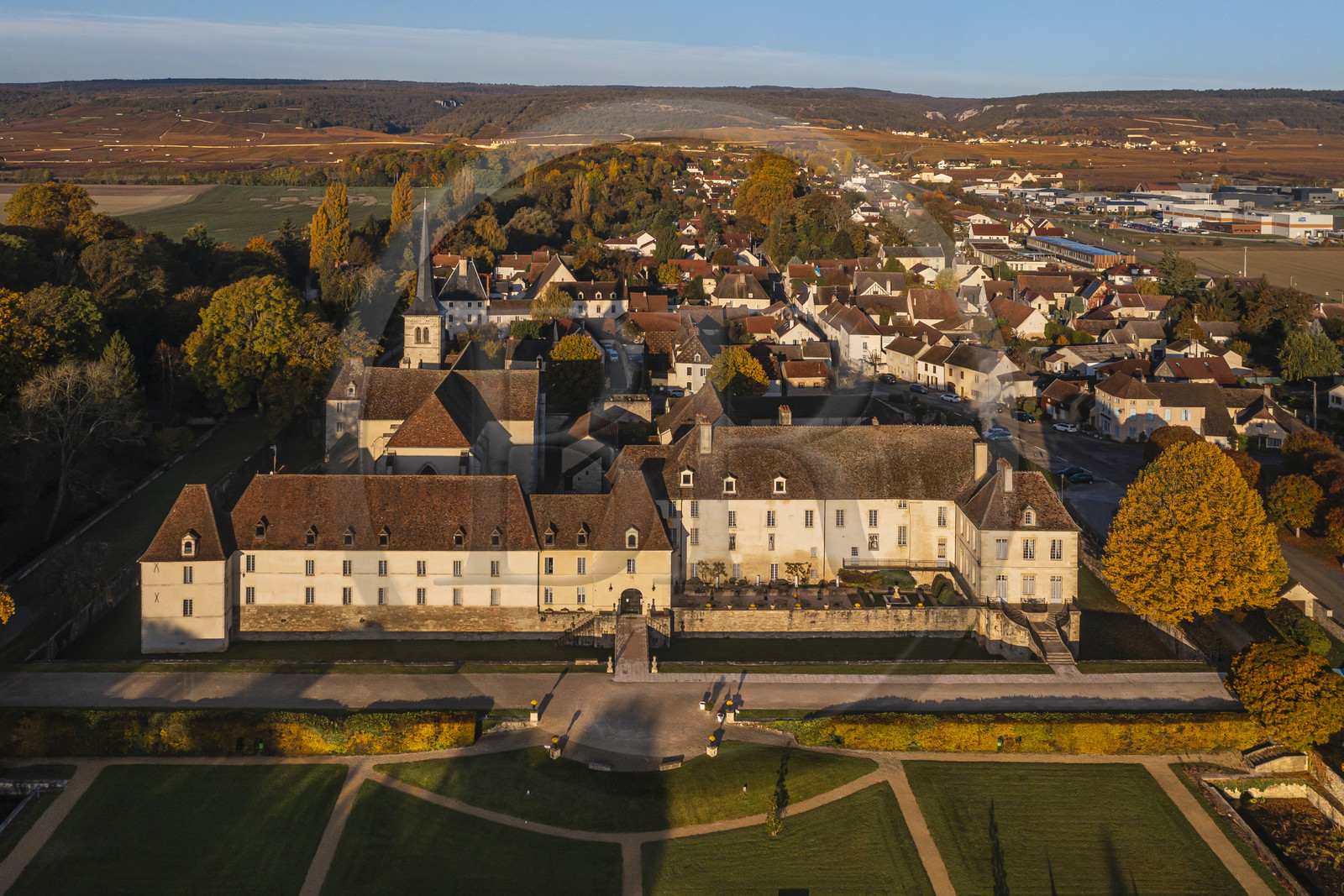 France, Cote d'Or, cultural Landscape of the climates of Burgundy listed as World Heritage by UNESCO, Route des Grands Crus (road of Vintage Wines), Gilly les Citeaux, Chateau de Gilly, luxury Hotel and Restaurant, the vineyards in the background (aerial view)
