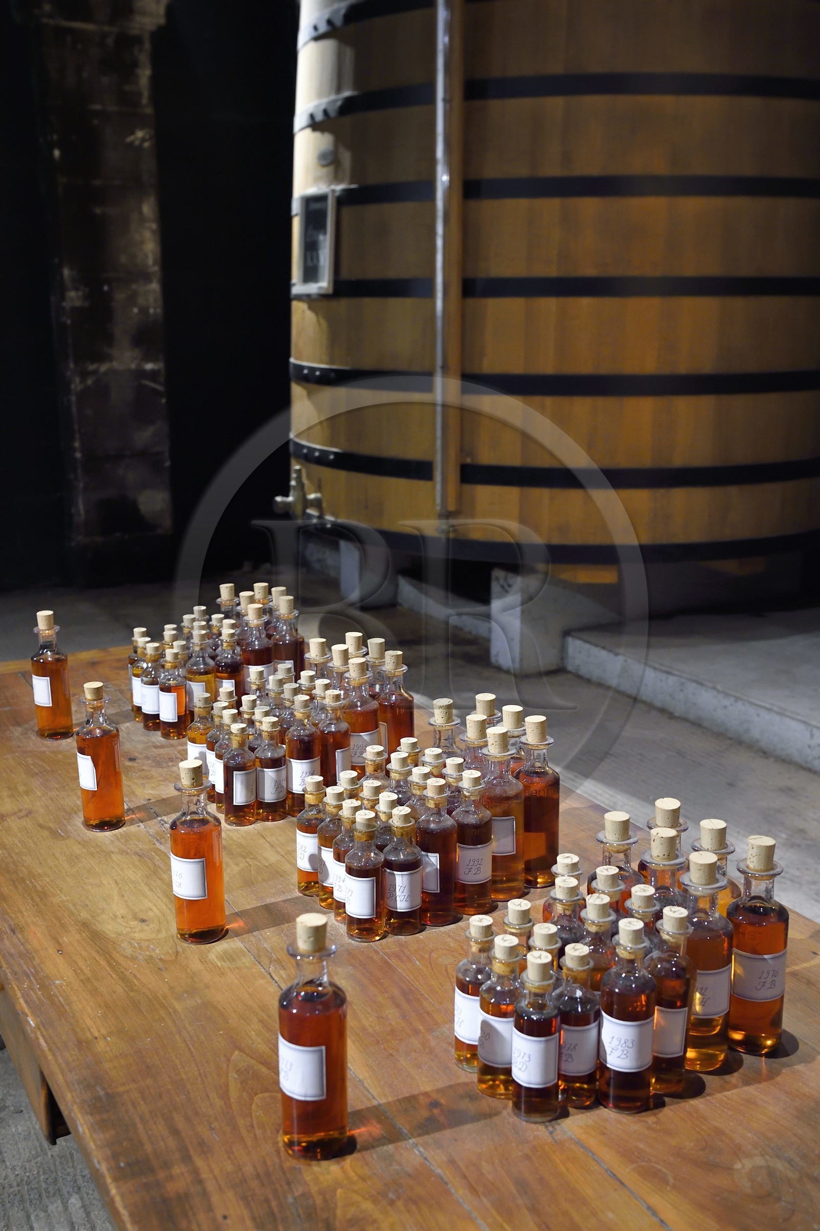France, Charente (16), Cognac, les chais de vieillissement de la Maison de cognac Hennessy, échantillons d'eaux-de-vie extraites de différents tonneaux et en attente d'être mélangées pour créer des cognacs, un foudre en arrière plan