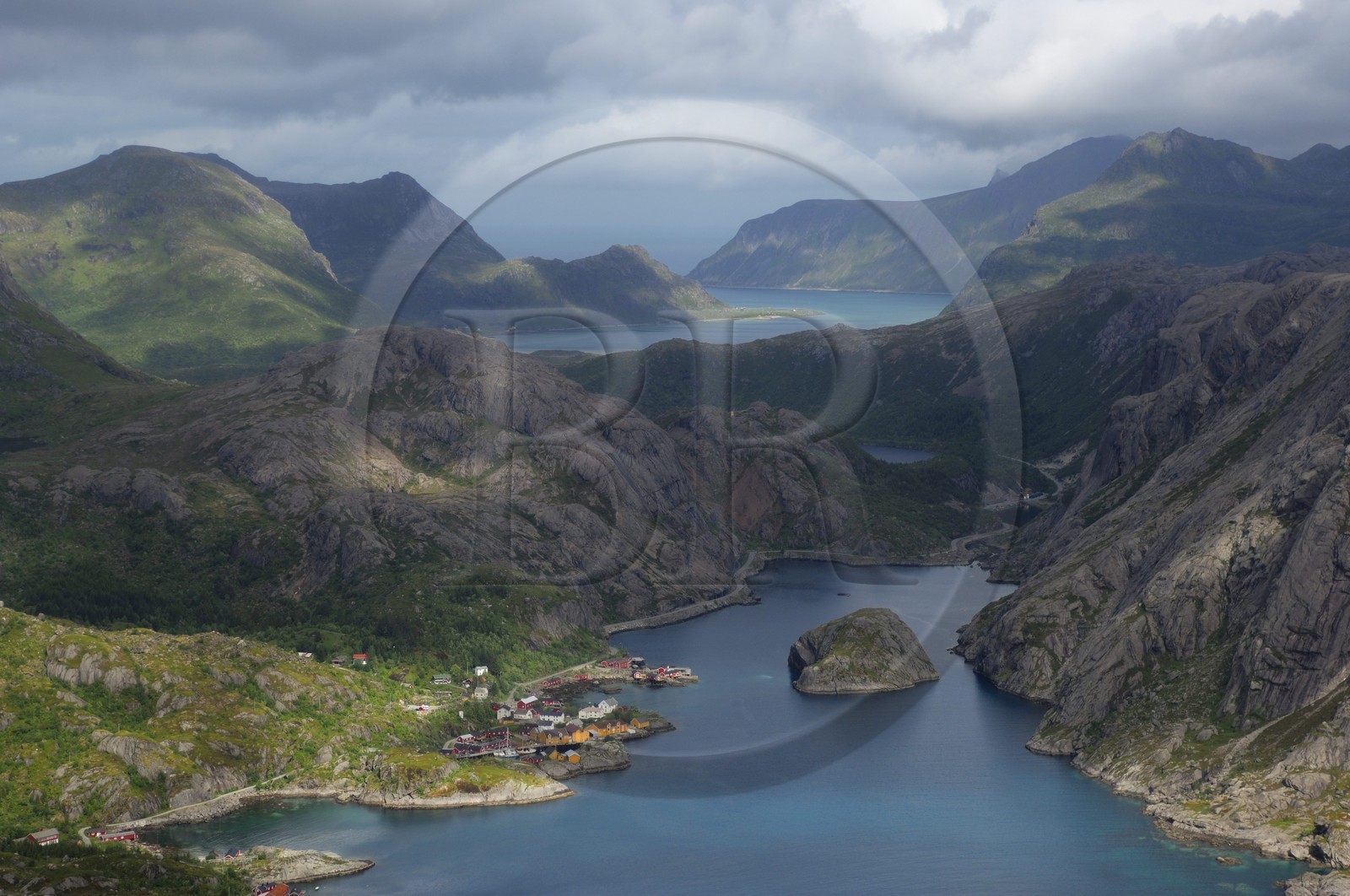 Norway, Nordland County, Lofoten Islands, Flakstad island, village and port of Nussfjord (aerial view)