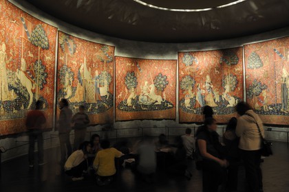 France, Paris, Musee du Moyen-Age (Middle Ages Museum), the former Hotel de Cluny, the Lady Lady and the Unicorn (French: La Dame à la licorne) is the modern title given to a series of six tapestries woven in Flanders in the end of 15th century