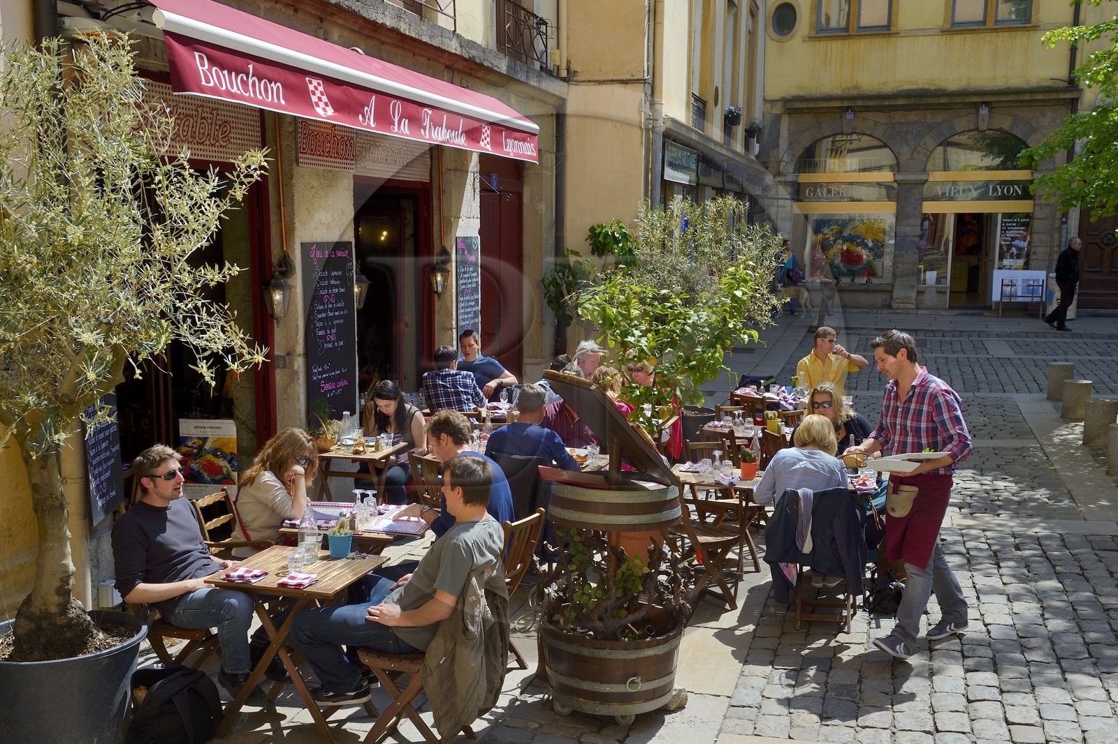 France, Rhone, Lyon, historical site listed as World Heritage by UNESCO, St. Paul neighborhood in the Vieux Lyon (Old Town), Place du Gouvernement and Bouchons Lyonnais (typical and traditional restaurants of Lyon)