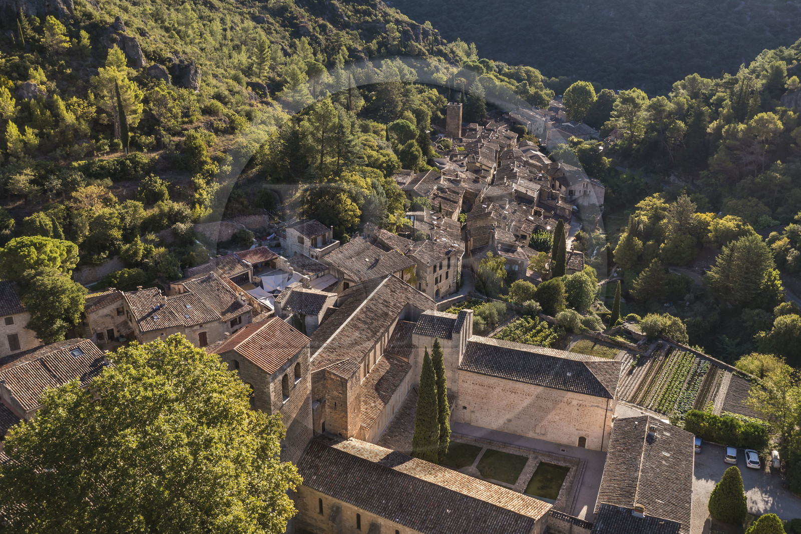 France, Herault, the Causses and the Cevennes, Mediterranean agro pastoral cultural landscape, listed as World Heritage by UNESCO, Saint Guilhem le Desert, labelled Les Plus Beaux Villages de France (The Most Beautiful Villages of France), the 9th century Gellone abbey (aerial view)