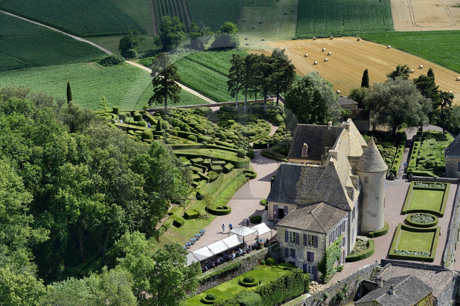 France, Dordogne, Perigord Noir, Dordogne Valley, Vezac, Les Jardins du château de Marqueyssac of the 18th century, park and castle (aerial view)
