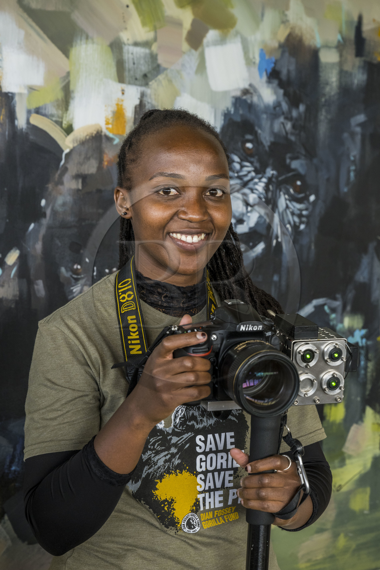 Rwanda, Province du Nord, District de Musanze (Ruhengeri), Kinigi, Campus Ellen DeGeneres du Dian Fossey Gorilla Fund, la zoologiste rwandaise Nadia Niyonizeye armée de son appareil photo équipé d'un laser pour étudier l’évolution de la croissance des gorilles sur le terrain