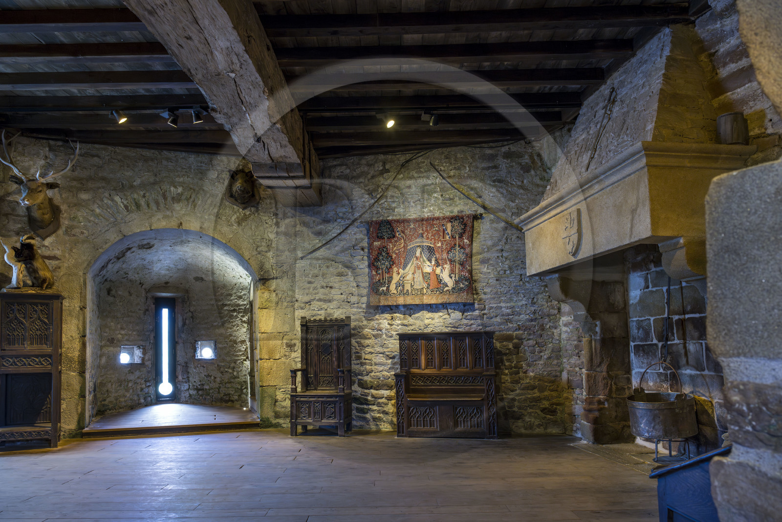 France, Côtes d'Armor (22), Grand Site de France Cap d'Erquy – Cap Fréhel, Plévenon, le Fort La Latte ou château de la Roche Goyon du XVème siècle, la salle seigneuriale dans le donjon