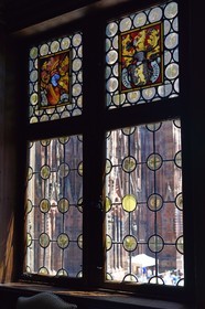 France, Bas Rhin, Strasbourg, old town listed as World Heritage by UNESCO, place de la cathedrale, the Kammerzell House from the 15th-16th century, crown glass (window)