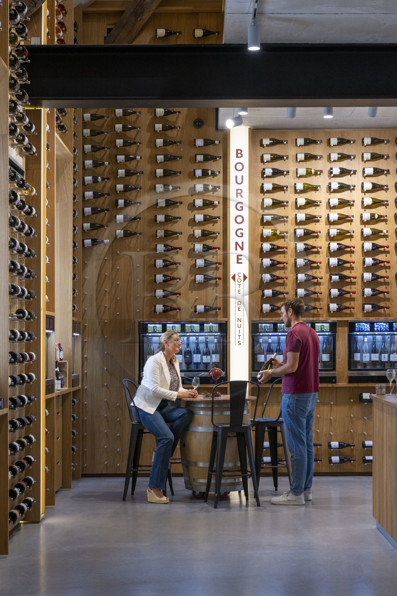 France, Côte-d'Or (21), Dijon, zone classée Patrimoine Mondial de l'UNESCO, Cité Internationale de la Gastronomie et du Vin par l'architecte Anthony Béchu, l'oenothèque La Cave de la Cité propose autour de 3 000 références de vins dans le village gastronomique