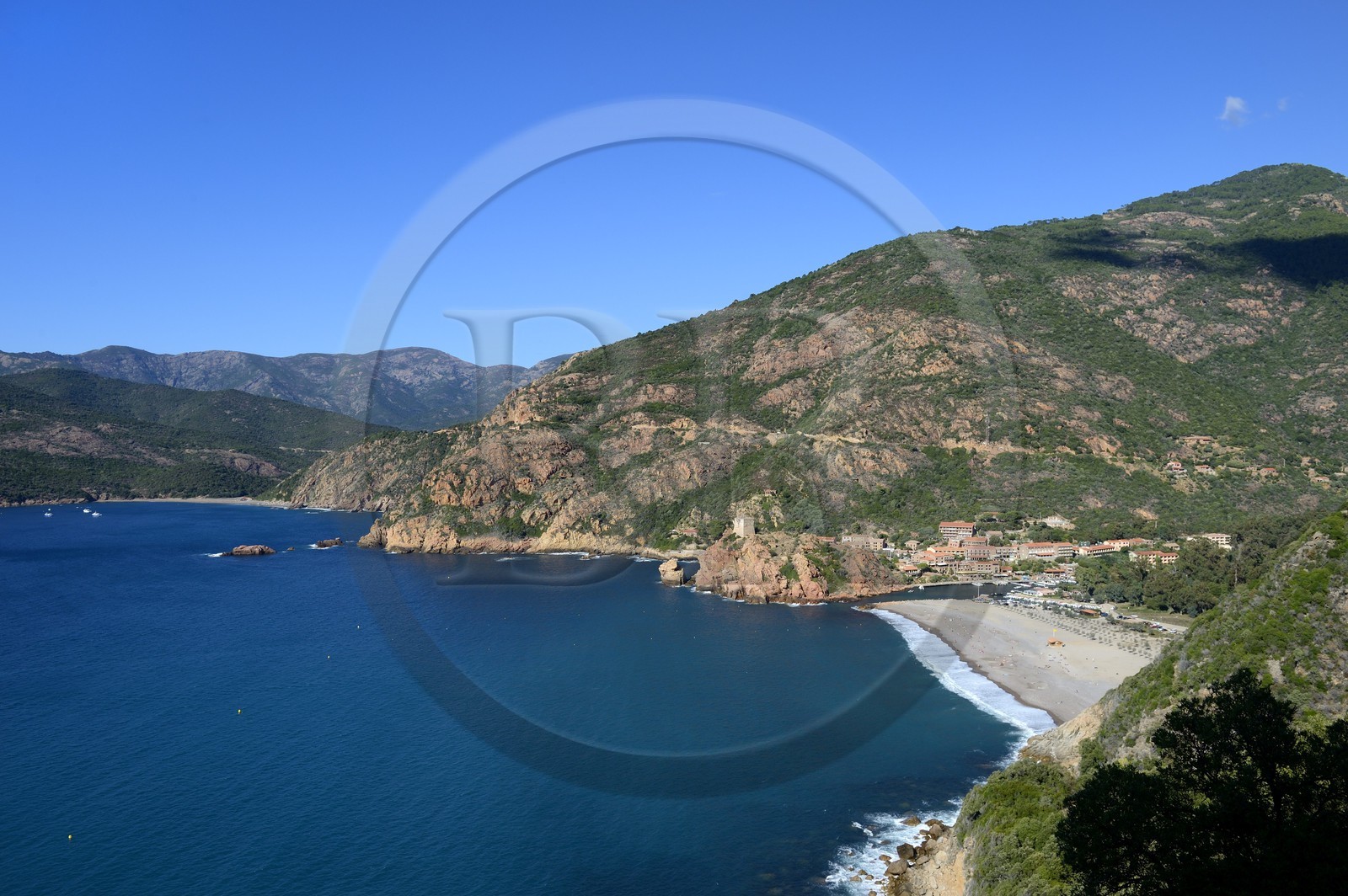 France, Corse du Sud, Golfe de Porto, listed as World Heritage by UNESCO, the Genoese tower above the port pass of Porto and its beach