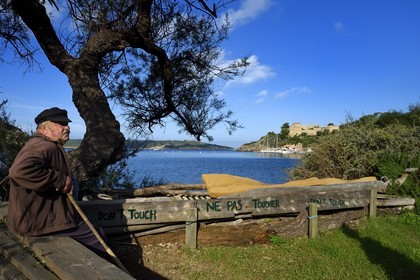 France, Var (83), Iles d'Hyères, parc national de Port Cros, Ile de Port-Cros, un vieil habitant de l'Ile contemple le Fort du Moulin surplombe le village de Port Cros