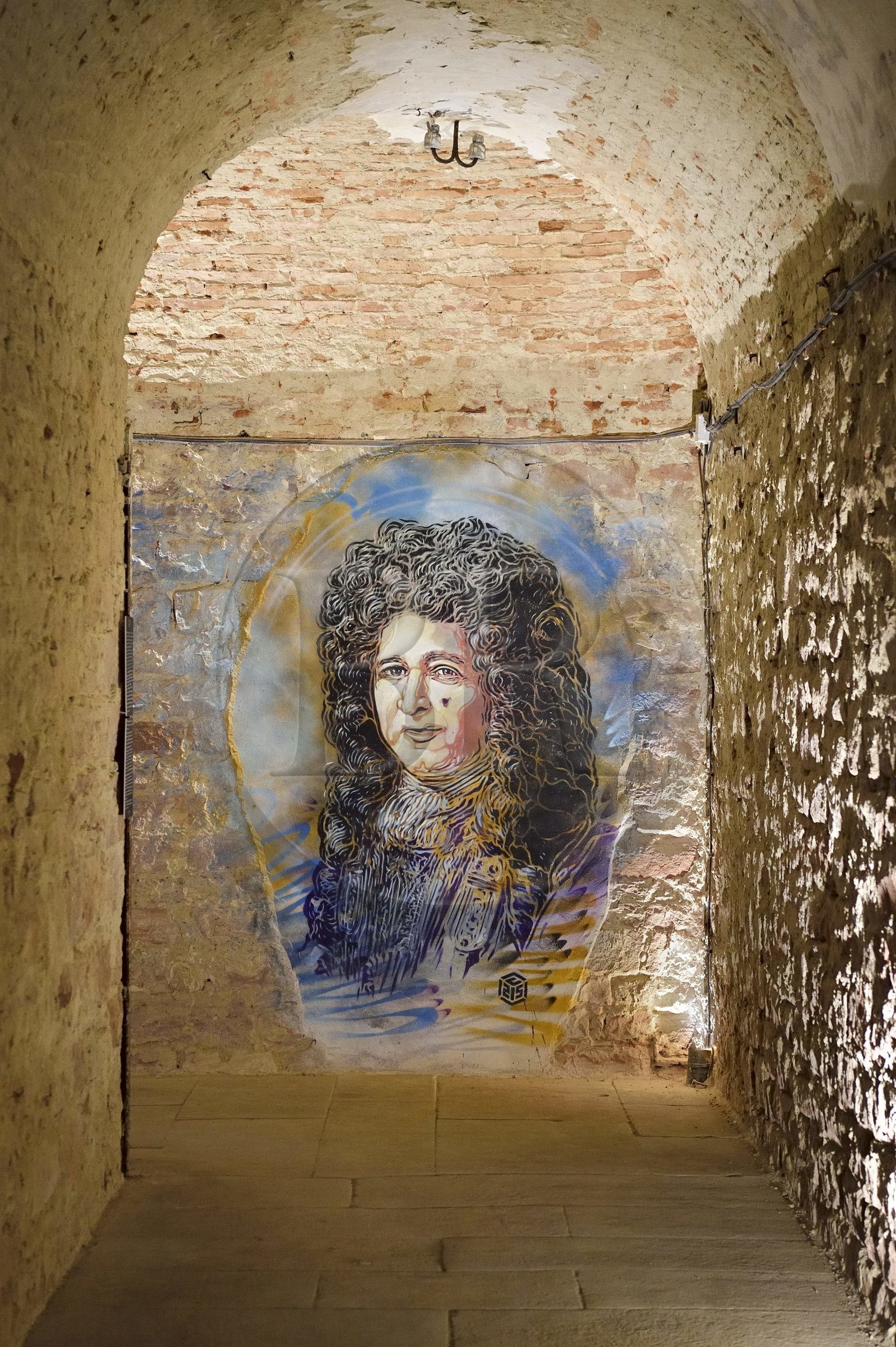 France, Haut-Rhin (68), Neuf-Brisach, Musée d'Art Urbain et de Street Art (MAUSA) hébergé dans une ancienne casemate de la citadelle de Vauban classée Patrimoine Mondial de l'UNESCO, portrait de Sébastien le Prestre de Vauban de Christian Guémy alias C215