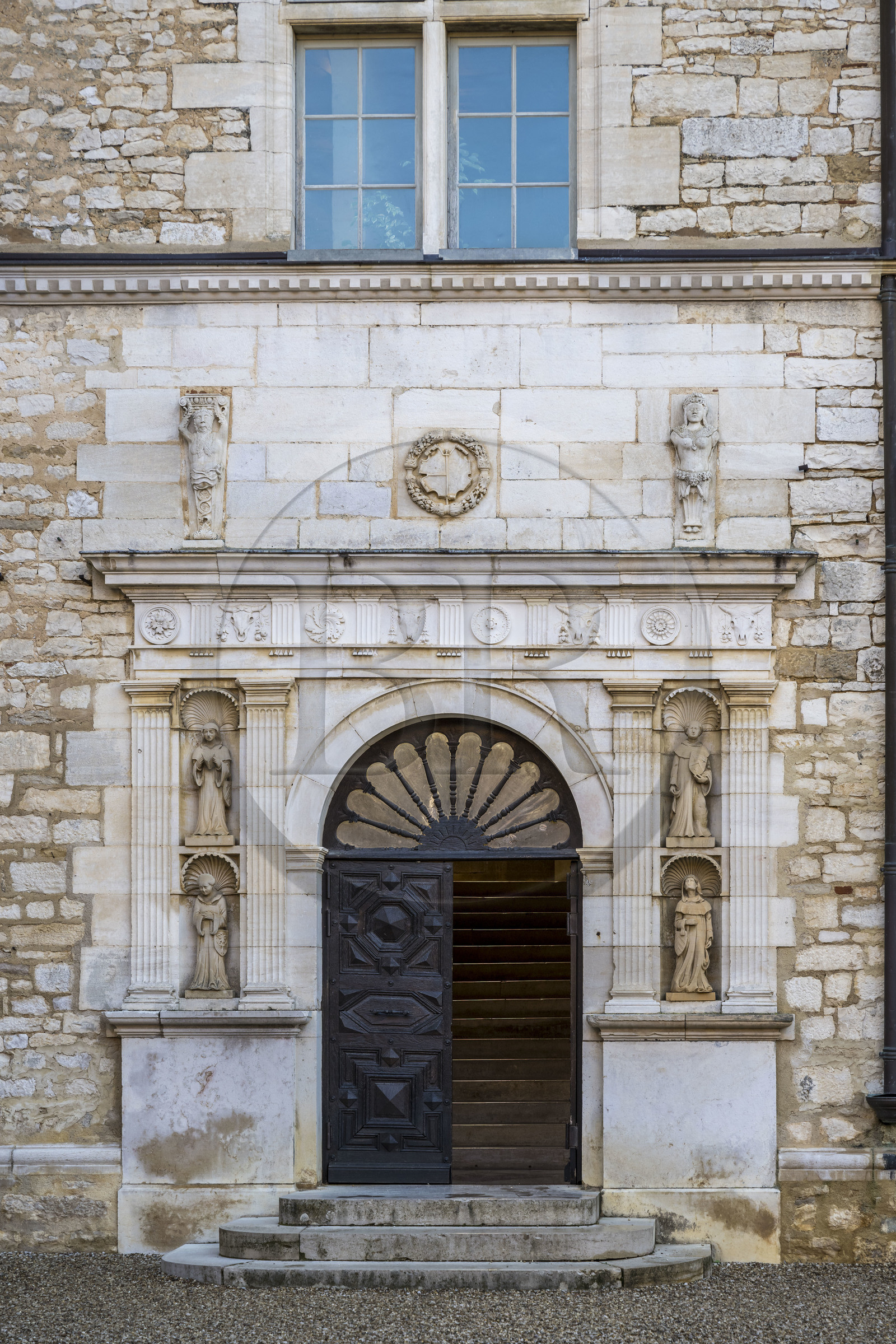France, Cote d'Or, cultural Landscape of the climates of Burgundy listed as World Heritage by UNESCO, Route des Grands Crus (road of Vintage Wines), vineyard of the Côte de Nuits, Vougeot, the Chateau of Clos de Vougeot, the Renaissance staircase entrance