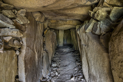 France, Finistère, Morlaix bay, Kernehelen peninsula, 6000 years old Cairn of Barnenez, dolmen with corridor, room H