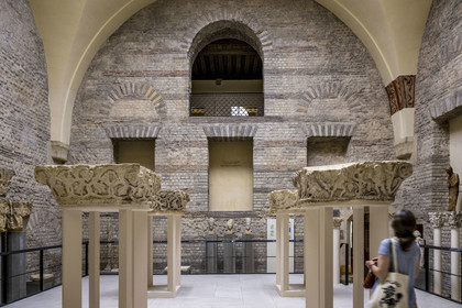 France, Paris, Musée de Cluny - Musée national du Moyen-Age (Middle Ages Museum in the former Hotel de Cluny), Romanesque art, abbey church of Saint-Germain-des-Près, twelve back-to-back capitals in an old room of the Gallo-Roman thermal baths