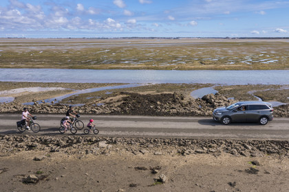 France, Vendée (85), île de Noirmoutier, Barbatre, cyclistes sur le passage du Gois, chaussée submersible qui relie l'île au continent à marrée basse (vue aérienne)