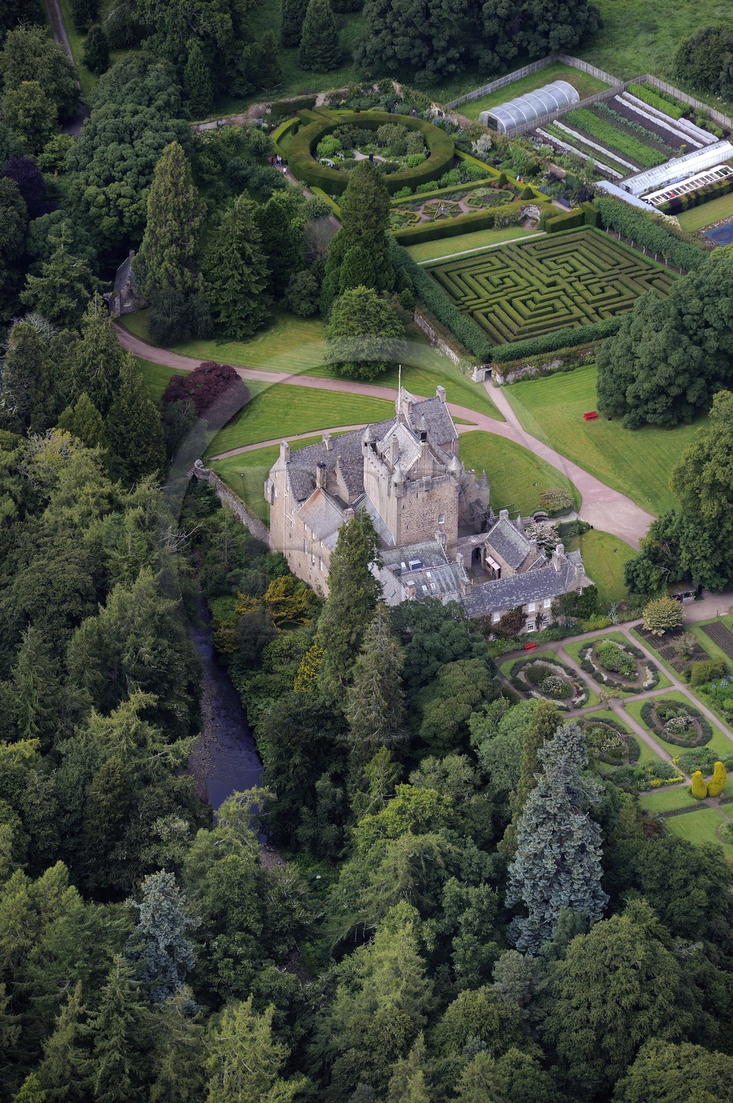 United Kingdom, Scotland, Highland, Cawdor Castle build at the end of the 14th century surrounded by gardens (aerial view)