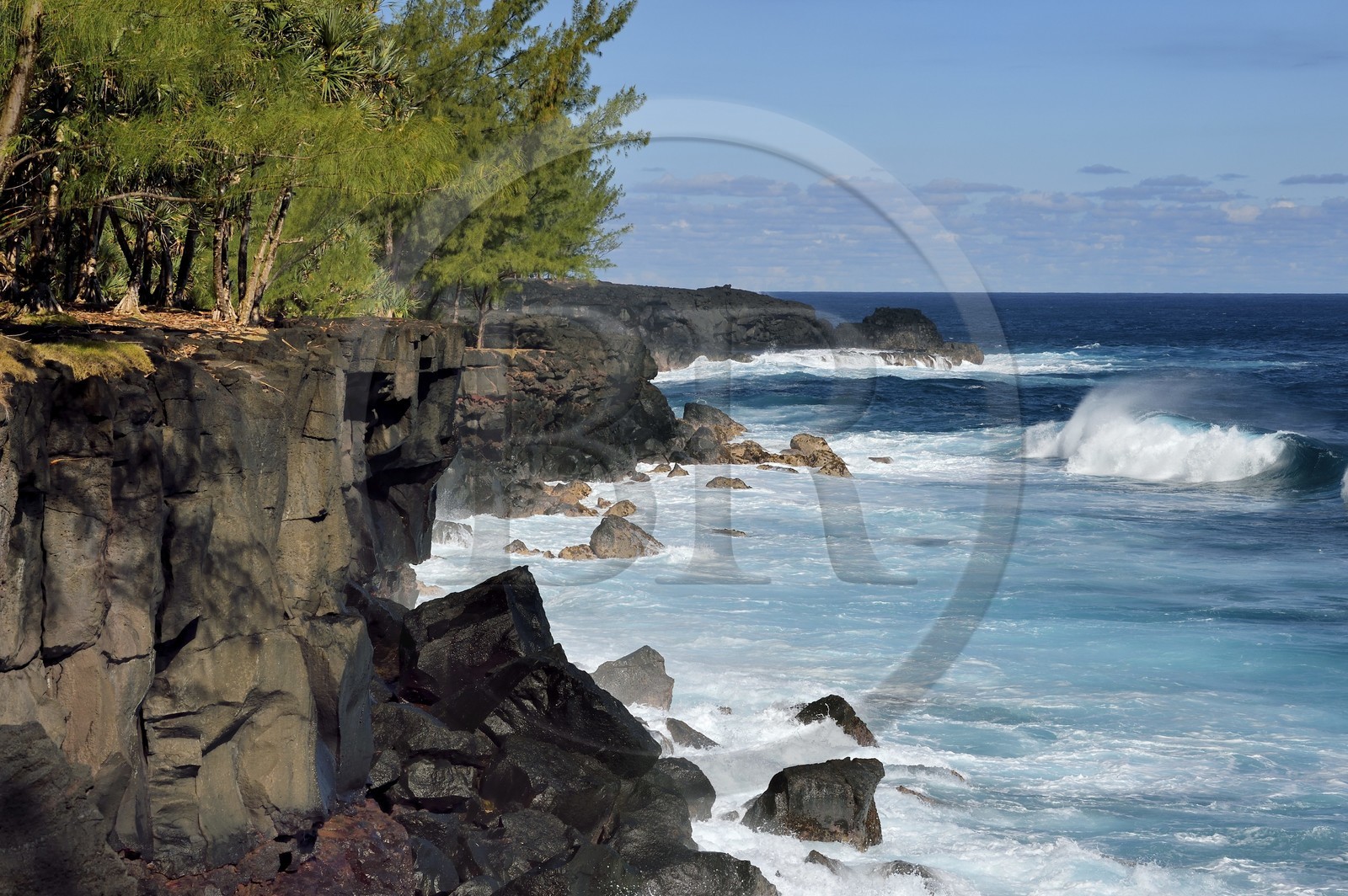 France, Ile de la Reunion, Saint-Philippe, Mare-Longue, roches basaltiques issue d'une coulée de lave en bordure de l'Océan Indien au lieu dit de la Mer Cassée
