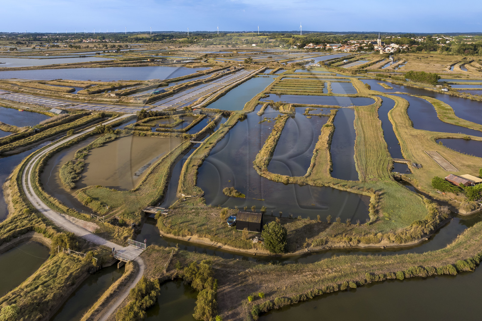 France, Vendee, L'Ile d'Olonne next to Les Sables d'Olonne, the marshes (salt marshes on the left) and the Saint-Martin-de-Vertou church in the background  (aerial view)