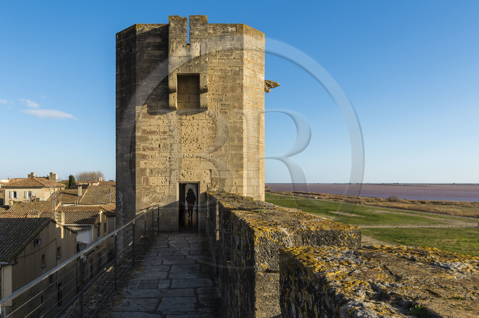France, Gard (30), Aigues-Mortes, Tour de la Porte de l'Organeau et chemin de ronde sur les remparts sud