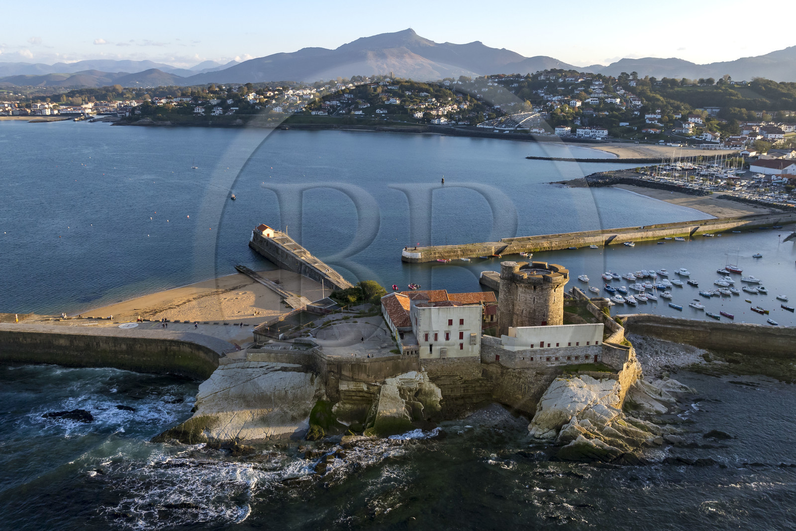 France, Pyrenees Atlantiques, Basque Country coast, Ciboure, the Socoa fort built under Louis XIII, remodeled by Vauban and its small marina in the bay of Saint-Jean-de-Luz, La Rhune mountain in the background (aerial view)