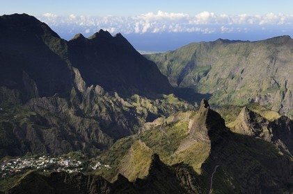 France, Reunion island (French overseas department), cirque of Cilaos, listed as World Heritage by UNESCO, village of Palmiste rouge (aerial view)