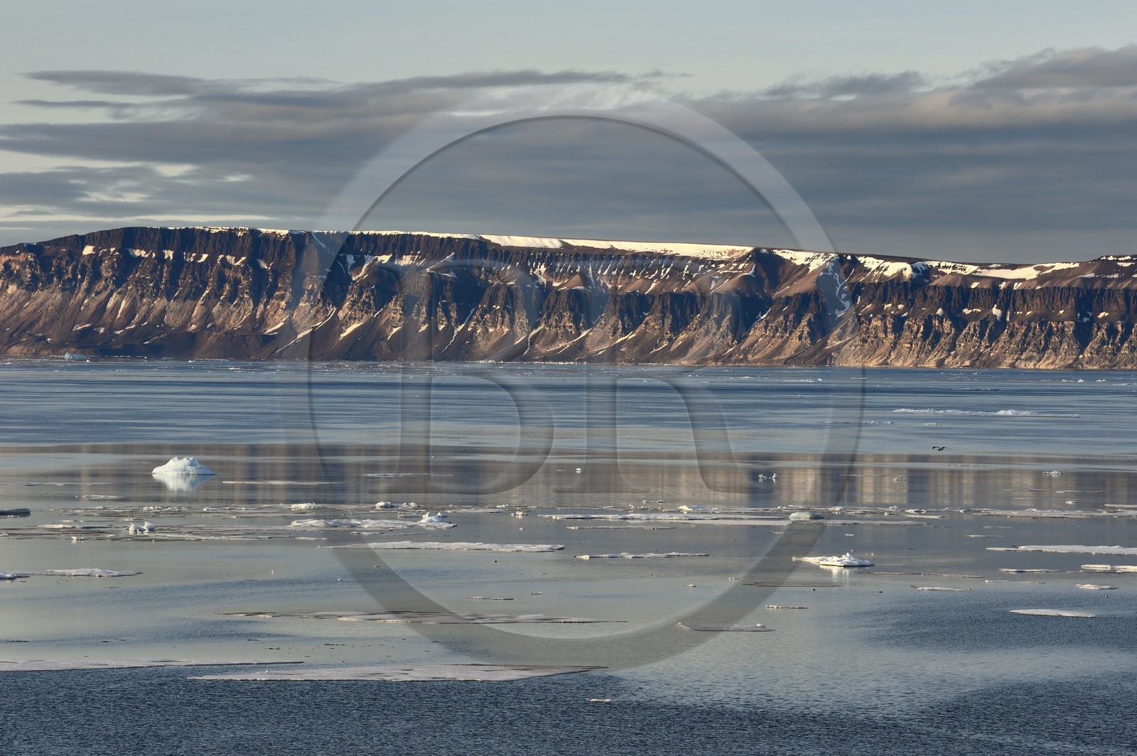 Groenland, cote Nord-Ouest, Smith sound au nord de la baie de Baffin, falaises de la côte de Inglefield Land et banquise en train de fondre