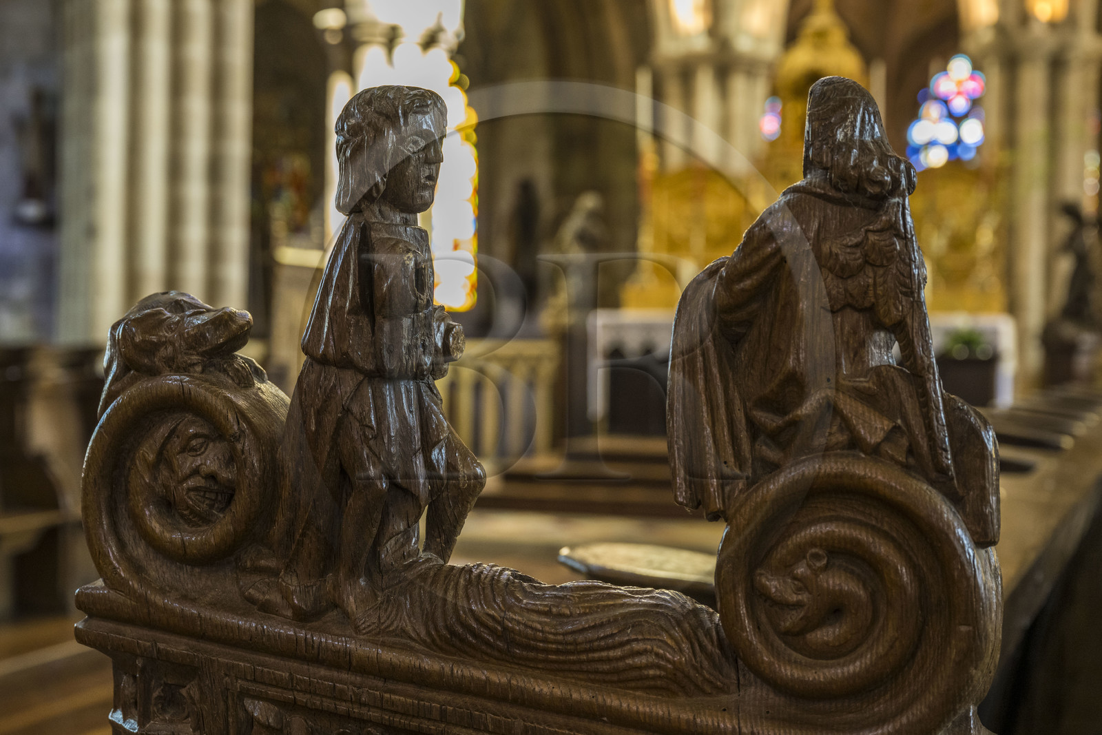 France, Côtes-d'Armor, Tréguier, Saint Tugdual Cathedral, oak choir stalls carved between 1509 and 1512, sculpture of Saint Yves talking to the washerwoman