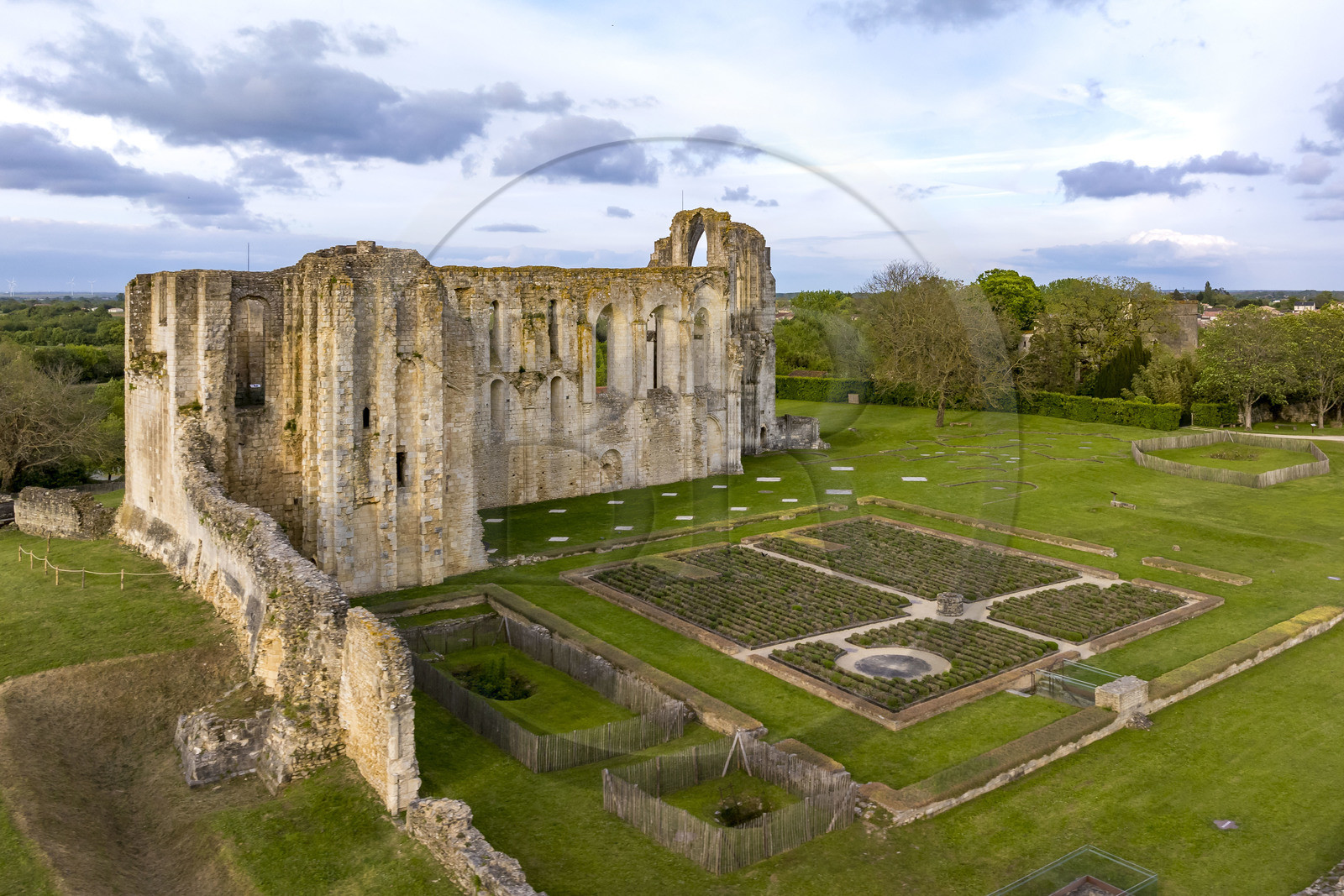 France, Vendee, Parc Interregional du Marais Poitevin labellised Grand Site de France (Interregional Park of the Marais Poitevin labelled Great Site of France), Maillezais, vestiges of the Saint Pierre de Maillezais abbey (aerial view)