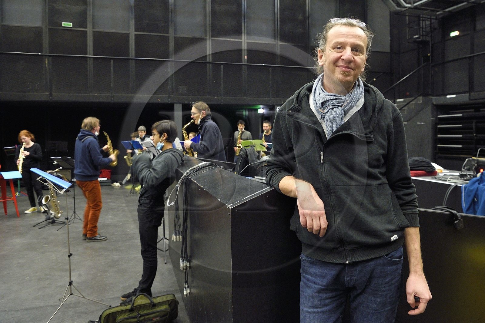 France, Meurthe-et-Moselle, Nancy, rehearsal of the Fanfare des Enfants du Boucher (Butcher's Children's Marching Band) for the great feast of Saint-Nicolas, Nicolas Arnoult is the conductor and composer