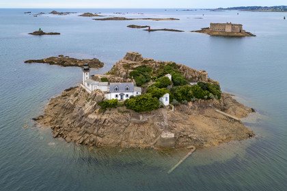 France, Finistère, Morlaix bay, Carantec, Louet Island and its lighthouse, the Taureau castle built by Vauban in the background (aerial view)