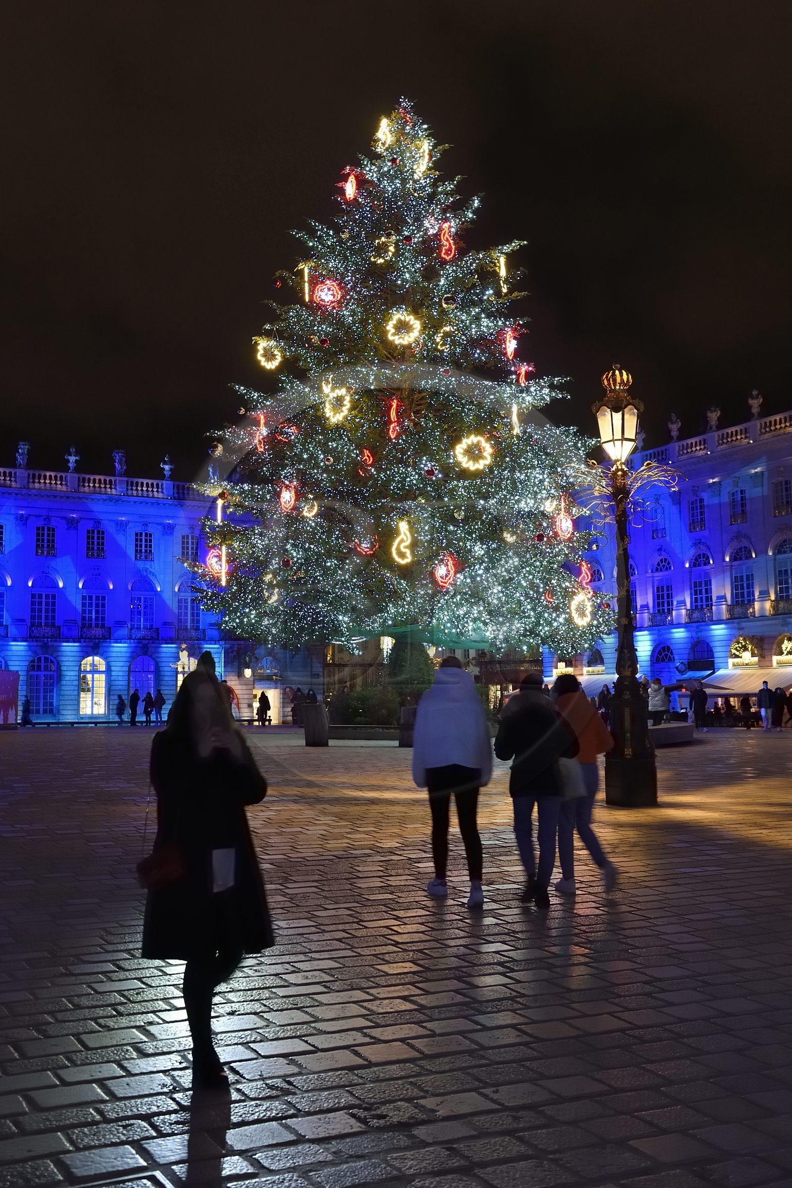 France, Meurthe-et-Moselle, Nancy, place Stanislas (former Place Royale) during the feast of Saint-Nicolas, listed as World Heritage by UNESCO, the large decorated Christmas tree and the Town Hall in the background